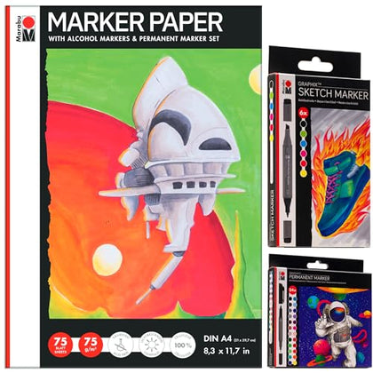 Marabu Marker Paper Sketchbook Set - 75 Sheet Marker Sketchbook, 24 Dual Tip Permanent Markers & 6 Alcohol Markers - Premium Artist Markers Kit for Adults and Kids