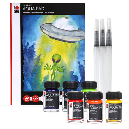 Marabu Watercolor Paint Set - Watercolor Paper Pad with 20 Sheets, A4 220 GSM - 6 Watercolor Inks, 3 Refillable Water Brushes - Watercolor Kit for Adults and Kids