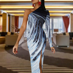 Metalic Blue Wave Half Sleeve Slit Dress