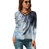 Metalic Blue Wave Women's V-Neck Long Sleeve T-Shirt