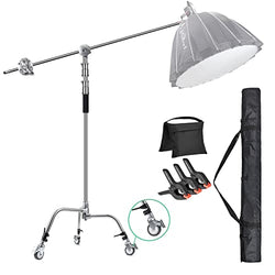 EACHSHOT C Stand Metal w/Bag Wheel Sandbag Clip Max 10.8ft/330cm with 3.28ft/106cm Holding Arm 2 Pieces Grip Head for Godox AD400 Pro AD600 Pro AD600BM Aputure 120D 300D II for Photography Studio