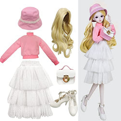 Proudoll 1/3 BJD Doll Clothes 60cm 24in SD Ball Jointed Dolls Dress Set Hat Wig Long-Sleeve Shirt Layered Skirt Handbag Shoes Pink