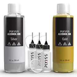 Silver and Gold Alcohol Ink for Resin - Metallic Alcohol Ink Silver and Gold Colors 4-Ounce for Epoxy Resin, Tumblers, Resin Art, Alcohol Ink Paper, 3 Pixiss Needle Tip Applicator Bottles and Funnel