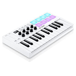 M-WAVE 25 Key USB MIDI Keyboard Controller With 8 Backlit Drum Pads, Bluetooth Semi Weighted Professional dynamic keybed 8 Knobs and Music Production,Software Included (White)