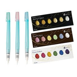 Kuretake GANSAI TAMBI STARRY/ PEARL/ GEM 6 Colors and 3 Size Water Brush pens, Watercolor Paint Set, Professional-quality for artists and crafters, water colors for adult, Made in Japan