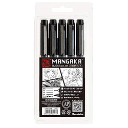 Kuretake ZIG CARTOONIST MANGAKA Black 5 set, for art, illustration, lettering, graphic designers, urban artists, paper crafters, AP-Certificated, Made in Japan