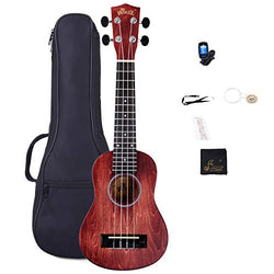 Soprano Vintage Hawaiian Ukulele WINZZ 21-inch with Bag, Tuner, Strap, Extra Strings, Fingerboard Sticker, Red