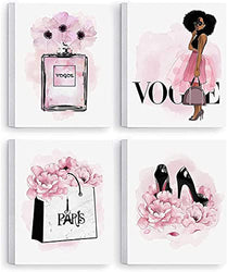 African American Wall Art Black Girl Pink Flowers Canvas, Girls Bedroom Wall Decor, Perfume Handbags High Heels Prints Wall Pictures Paintings for Women Room Decor, Set of 4. 8x10in - Ready to Hang