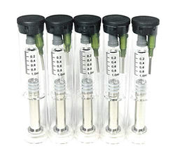 Reusable Glass Syringe-Luer Slip w/Metal Plunger & 14 Gauge-1/2" Blunt Tip Needle, for Extracts, Oils, EJuice, Liquid, Glue, Paste, Gel, Vet & Lab - 1ml Capacity, 5 Pack Set