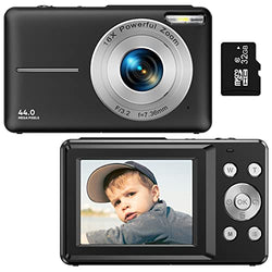 Digital Camera, Kids Camera with 32GB Card FHD 1080P 44MP Vlogging Camera with LCD Screen 16X Zoom Compact Portable Mini Rechargeable Camera Gifts for Students Teens Adults Girls Boys-Black