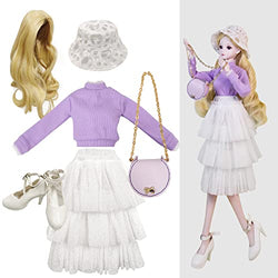 Proudoll 1/3 BJD Doll Clothes 60cm 24in SD Ball Jointed Dolls Dress Set Hat Wig Long-Sleeve Shirt Layered Skirt Crossbody Bag Shoes Purple