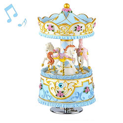 Mr.Winder Carousel Music Box Gift, 3-Horse with LED Light Musical Boxes | Castle in The Sky | Best Christmas Valentine's Day Birthday Gifts for Wife, Girls, Friends, Kids, Babies (Blue)