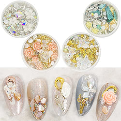 4 Boxes 3D Rose Flower Butterfly Nail Charms Acrylic Resin 3D Crystal Rhinestones Gems Charms Nail Art Stud Pearl Gold Metal Rivets for Nail Art Designs Accessories Supplies DIY Crafting