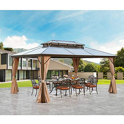 YOLENY 12'x16' Outdoor Polycarbonate Double Roof Hardtop Gazebo Canopy Curtains Aluminum Frame with Netting for Garden,Patio