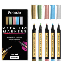 Penkacia Metallic Marker Pens Set of 5 - Water Based Safe Scrapbook Markers for Black Paper, Rock,Ceramic, Card Making, Metal and Glass