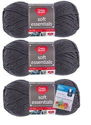 Red Heart Soft Essentials Yarn - Charcoal - Bulky Weight 5 - 3 Pack Bundle with Bella's Crafts Stitch Markers