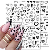 6 Sheets Heart Nail Art Stickers 3D Self Adhesive Heart Nail Decals Black Red Cupid Heart Love Nail Stickers for Natural Fingernails Acrylic Nails Heart Nail Design for Valentines Nail Decorations