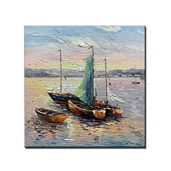 100% Hand Painted Oil Paintings On Canvas,Abstract Modern Textured Artwork Boat in The Sunset Sea Landscape Square Wall Art Large Size Unframed Cool Mural Home Decor for Living Room Bedroom Gift,2