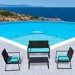 PATIORAMA 4-Piece Outdoor Patio Furniture Sectional Conversation Set, Black Wicker with Blue Cushions, Loveseat and Two Single