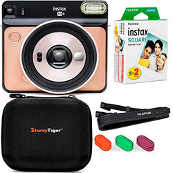 Fujifilm Instax Square SQ6 + Fujifilm Instax Square Instant Film (20 Sheets) Bundle with Sturdy Tiger Travel Case and Stickers + Deals Number One Cleaning Cloth (Blush Gold)