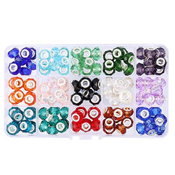120 PCS Glass European Beads Murano Large Hole Faceted Beads Mixed Color Assortment with Silver Brass Cores for Bracelets Earrings Jewelry Making