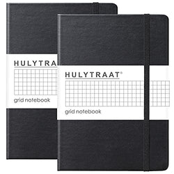 HULYTRAAT Classic Grid Notebook (Pack of 2), Premium Hard Cover Faux Leather Journal, 5.7" x 8", 120 gsm Ivory White Acid-Free Paper, 160 Squared/Grid Pages per Book, Black