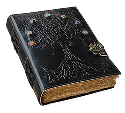 Vintage Leather Journal Tree of Life Embossed Design with Seven Stone Lock Closure, 200 Antique Deckle Edge Paper Leather Book of Shadows, Sketchbook & Writing Journal for Women Men 8x6 Inch (Black)