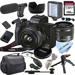 Canon EOS M50 Mark II Mirrorless Digital Camera with 15-45mm Lens + Shot-Gun Microphone + LED Always on Light+ 128GB Card, Gripod, Case, and More (18pc Video Bundle)