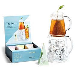 Tea Forte Tea Over Ice Steeping Tea Pitcher Set and Iced Tea Infuser Sampler Box with 5 Different Tea Blends