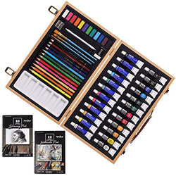 58 Piece Deluxe Wooden Art Set Crafts Drawing Painting Kit with Colored Pencils, Gouache Cakes, Paint Set and Artist Supplies For Girls Boys Teens Artist Kids Children and Adults