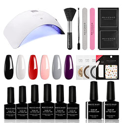 MAYCHAO Gel Nail Polish Kit with U V Light Starter Kit, 6 Colors White Black Red Pink Purple Grey Gel Nail Polish Set with Gel Base and Top Coat, Soak Off Gel Manicure Nail Art Design Decorations with UV LED Nail Lamp
