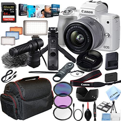 Canon EOS M50 Mark II (White) with 15-45mm Lens Content Creator Kit – 64GB Extreme Speed Memory, LED Video Light, Microphone, Tripod, Remote, Vlogging Editing Software + More (36pc Bundle)