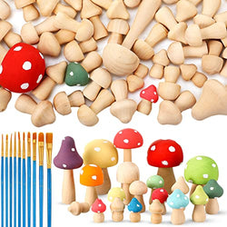 119 Pcs Unfinished Wooden Mushrooms with Paintbrushes Mini Natural Wood Mushroom Decor Mushroom Ornament Wood Mushroom Figures for Arts and Crafts, DIY Projects Home Desk Bookshelves Decoration