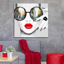 Contemporary Wall Art Modern Fashion Women with Red Lip Canvas Print Stylish Feminine Wall Art Painting Framed Cityscape Piture Ready to Hang for Home Decoration (40x40inch)