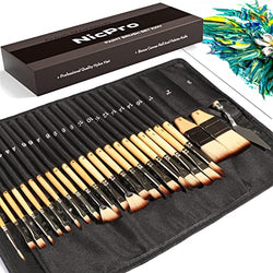 Nicpro 24 PCS Paint Brush Set, Acrylic Painting Set, Professional Synthetic Painting Brushes for Acrylic, Oil, Watercolor and Gouache Kids Adults with Cloth Roll and Palette Knife - Gift Package