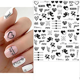 6 Sheets Heart Nail Art Stickers 3D Self Adhesive Heart Nail Decals Black Red Cupid Heart Love Nail Stickers for Natural Fingernails Acrylic Nails Heart Nail Design for Valentines Nail Decorations