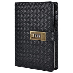 B6 Leather Journal Notebook with Combination Lock, Travel Refillable Ruled Lined Writing Paper, Secret Password Gift Diary for Women Girls Boys (Black)