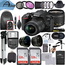 Nikon D3500 DSLR Camera 24.2MP Sensor with NIKKOR 18-55mm f/3.5-5.6G VR Lens, 2 Pack SanDisk 128GB Memory Card, Backpack, Tripod, Slave Flash Light and A-Cell Accessory Bundle (Black)