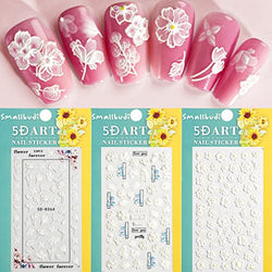 Nail Art Stickers, Smallbudi 5d Exquisite Pattern Nail Art Supplies, Self Adhesive Nail Art Decoration White Lace Rose Flower Leaf Feather Carving Design Acrylic Nail Art 3 Sheet
