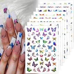 16 Sheets Butterfly Nail Art Stickers 3D Self-Adhesive Nail Art Supplies Laser Colorful Butterfly Nail Art Decals Holographic Flower Butterflies Nail Design for Women Girl Manicure Nail Art Decoration