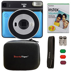 Fujifilm Instax Square SQ6 + Fujifilm Instax Square Instant Film (20 Sheets) Bundle with Sturdy Tiger Travel Case and Stickers + Deals Number One Cleaning Cloth (Metallic Blue)