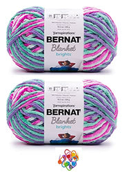 Bernat Yarn Blanket Brights Yarn, Super Bulky 6, Big Ball 10.5 Oz, Unicorn Brights 2-Pack Bundle with Bella's Crafts Stitch Markers