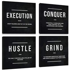 Grind Hustle Execution Conquer Entrepreneur Quotes Inspirational Wall Art - Motivational Canvas Print Framed Picture Painting for Office Hallway Home Decor Kids Room-16"x16"x4pcs