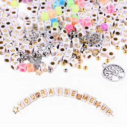 1510PCS Gold Letter Beads Acrylic Square Beads for Jewelry,Heflashor White Cube Letter Beads DIY Accessories Kits Alphabet Beads A-Z Heart Beads for Jewelry Making/Bracelets/Necklaces,Large 6 X 6mm