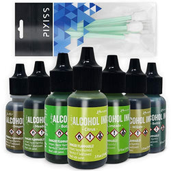 Greens Alcohol Inks Set | Tim Holtz Alcohol Inks Shades of Green 7-Pack | Willow, Citrus, Bottle, Oregano, Meadow, Limeade, Botanical | 10 Pixiss Alcohol Ink Blending Tools