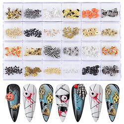 Nail Art Decoration Kit, 240Pcs Halloween Nail Charms Rhinestones Box Mixed Skull Pumpkin Skeleton Hands Bat Witch Spider Web Castle Design for Nails Crafts Nail Accessories(24 Styles,Mixed Colors)