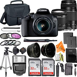 Canon EOS 2000D / Rebel T7 Digital SLR Camera 24.1MP with 18-55mm + 75-300mm Lens, ZeeTech Accessory Bundle, 2 Pack SanDisk 32GB Memory Card, Telephoto + Wideangle Lenses, Flash, Case