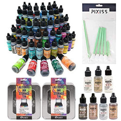Ultimate Alcohol Ink Bundle, All 60 Ranger Tim Holtz Colors, All 7 Mixatives, 2X Alcohol Ink Storage Tins and 10x Pixiss Alcohol Ink Blending Tools