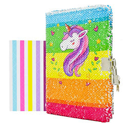 VIPbuy Kid Girls' Unicorn Notebook Diary with Lock and Key Flip Sequin Journal w/ Photo Corner, 8.5" x 5.5", 156 Pages