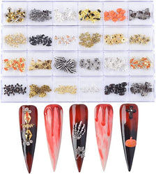 MEILINDS 240pcs 3D Halloween Nail Rhinestones Kits Skull Nail Charms Spider Pumpkin Bat Ghost Witch Nail Design, Crystal Vintage Alloy Nail Art Decoration for DIY Nail Tips Jewelry(24 styles)